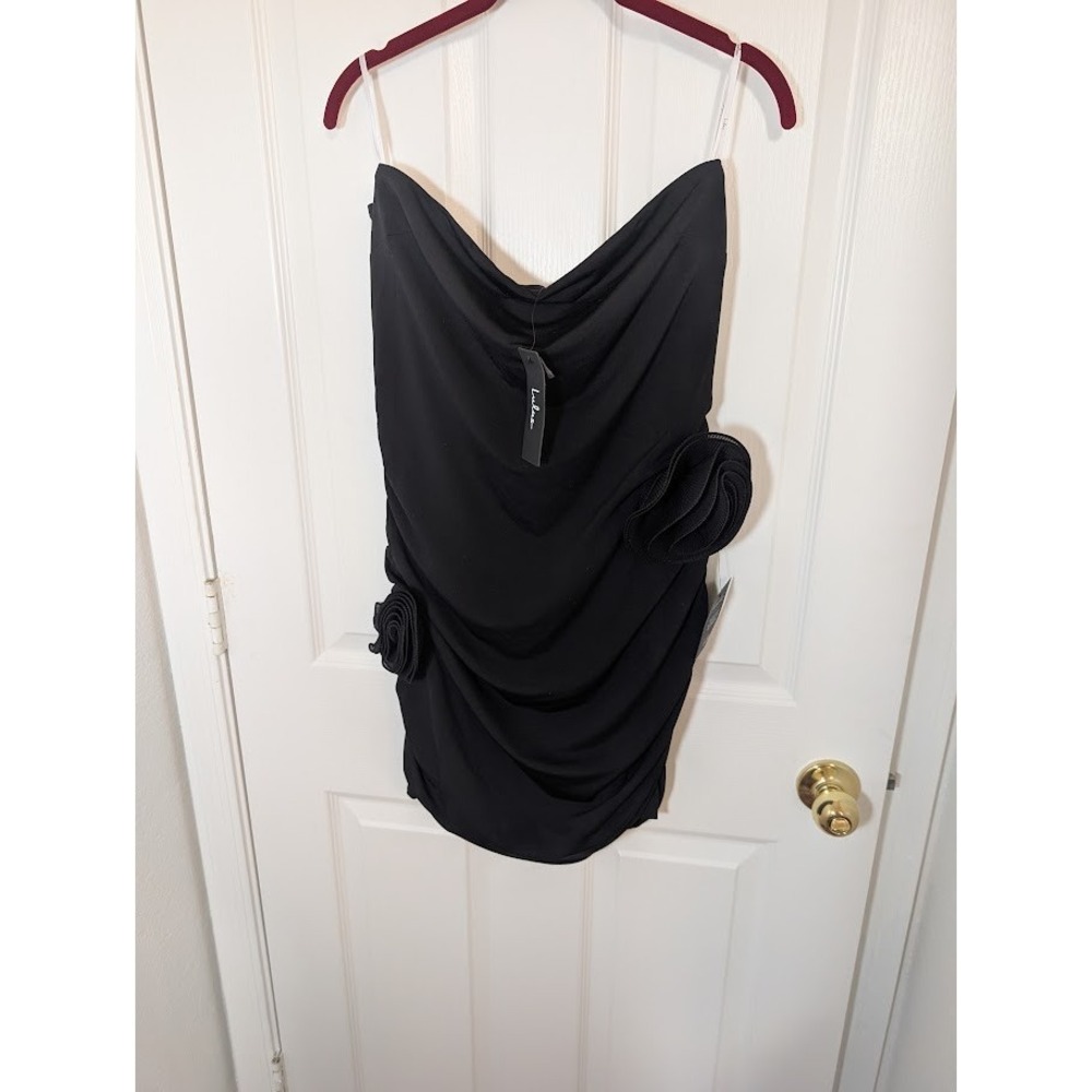 Lulus Black Strapless Dress Rosette Mini Dress Bodycon Party Cocktail‎ XL New - Picture 2 of 8